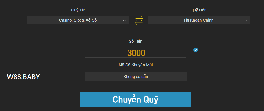 Chuyển tiền về tài khoản chính để rút tiền W88